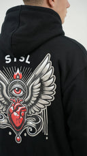 STSL® Black ZIP Hoodie back print Heart (450 GSM) - STSL